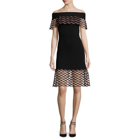 Lela Rose Black Wave-Lace Off-the-Shoulder Knitted Sweater Dress NWT